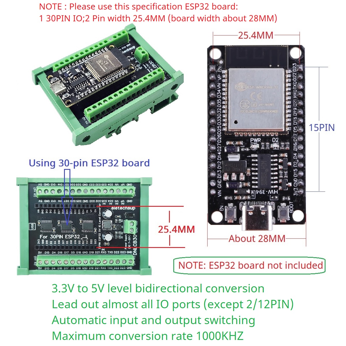 Adaptador de Riel DIN ESP32 30 - Level Shifter 3.3V reseña y precio